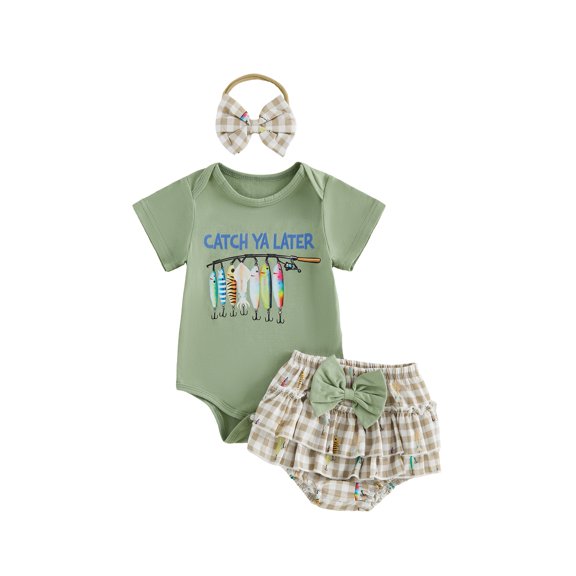Cjfdfy Newborn Baby Girls Summer Clothes Baby Girls Fishing Outfits 0 3 6 12 18 Months Letter Angling Print Short Sleeves Romper and Ruffles Plaid Shorts Headband Set