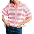 thumbnail image 2 of Short Sleeve Women Stripe Print Casual Button Down Crochet Cardigan Hollow Tops, 2 of 4