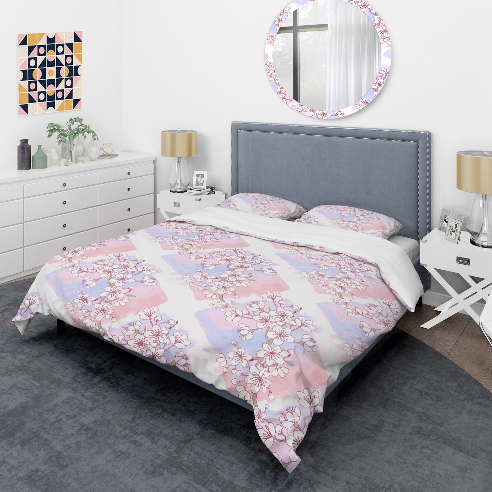 Designart 'Retro Pink Flower Pattern I' Mid-Century Modern Duvet Cover Set