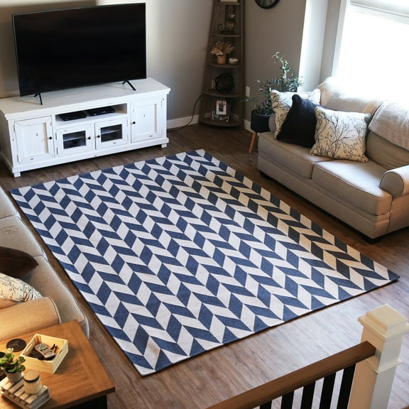 Sunnydaze Geometric Affinity Modern Flat Weave Blue/White Parallelogram Indoor Area Rug, 5' x 7'