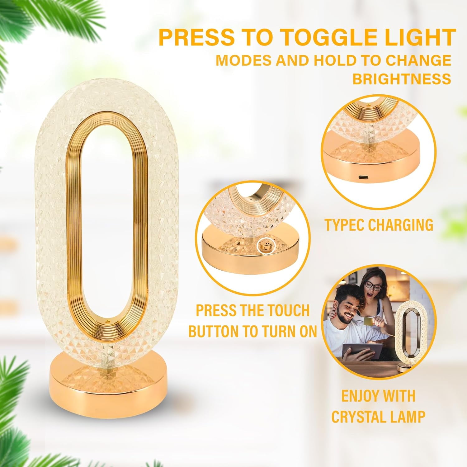 Crystal Table Lamp,Cordless Gold Rechargeable 3 Color Small Lamp Changing Night Light with USBCharging Port for Bedroom, Desk,Livingroom