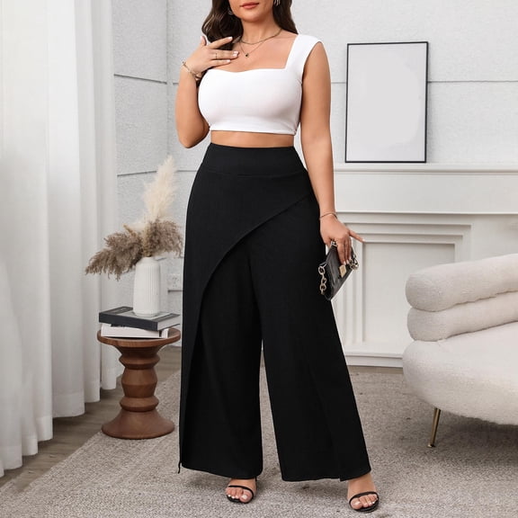Xaqiouau Womens Plus Size High Waisted Wide Leg Pants Elastic Waist Wrap Front Flowy Trousers Casual Work Pants For Daily Wear