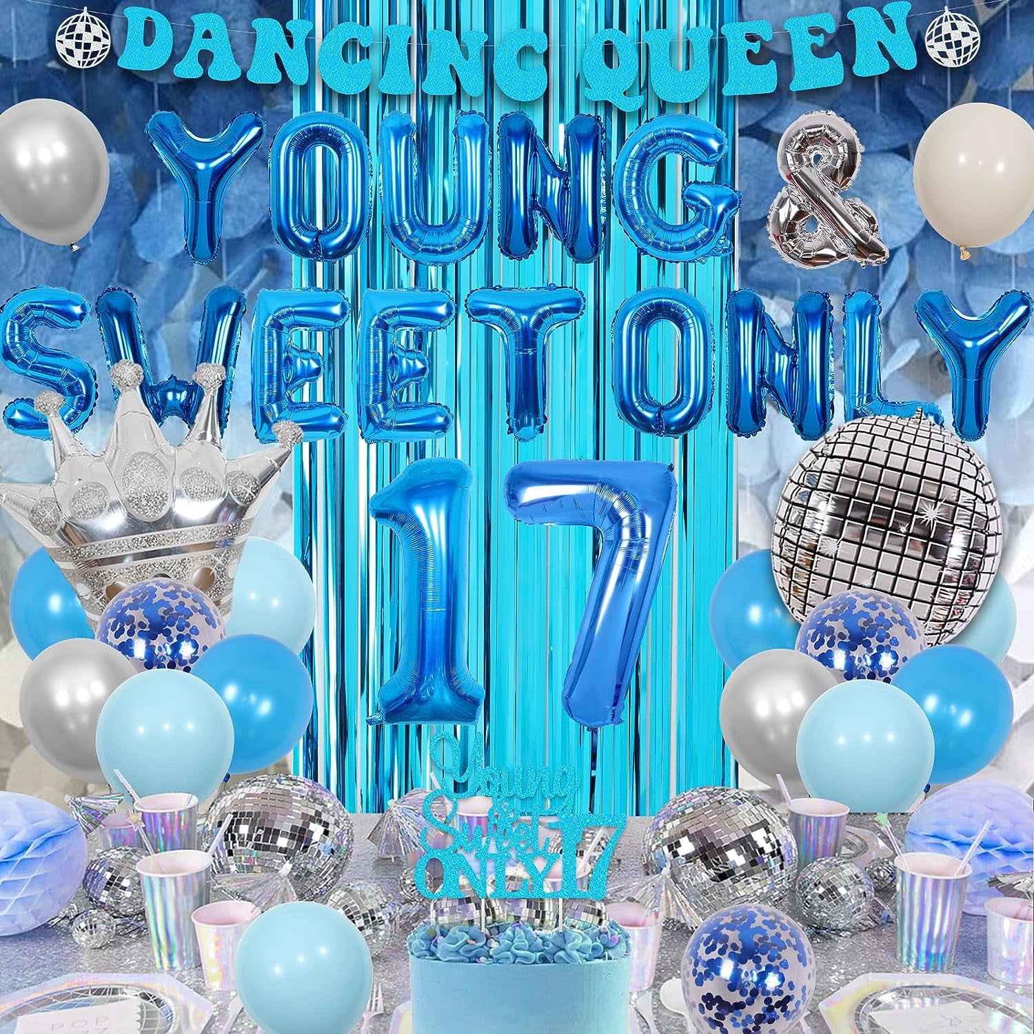 Dancing Queen 17th Birthday Party Decorations for Girls Young and Sweet  Only 17 Birthday Decorations with Dancing Queen Banner Cake Topper Disco  Crown