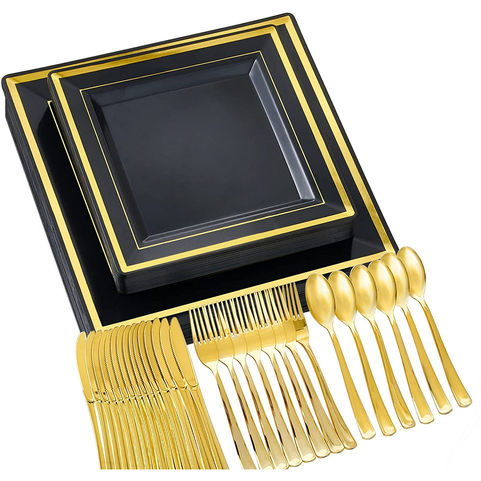 Iguohao 125pcs Square Black Gold Plastic Plates Including 25 Disposable Dinner Plates 25 Plastic Salad Plate 25 Plastic Tableware Premium Heavywe