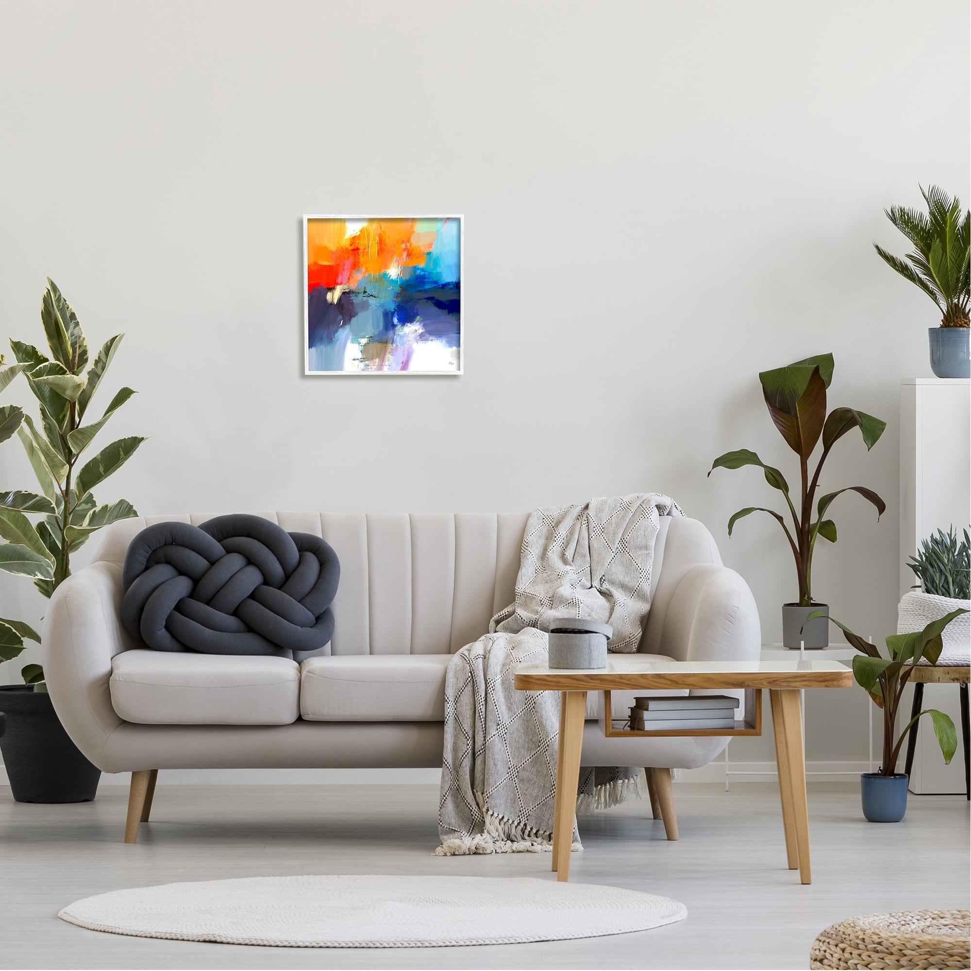Stupell Industries Orange & Blue Abstraction Abstract Painting White Framed Art Print Wall Art, 17 x 17