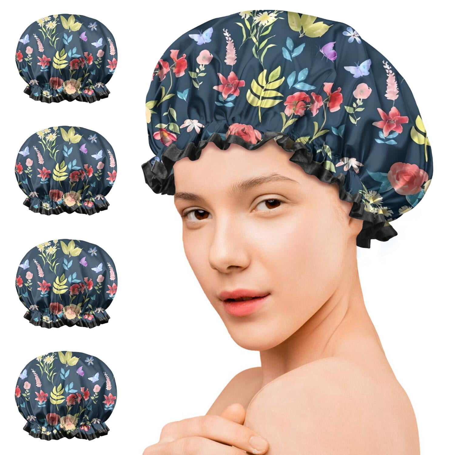 Shower Caps,Pioneer Flower Floral Print Pattern Waterproof Shower Cap for Women 4 Pieces,Double Reusable Hair Cover for Shower PEVA Elastic Stretch Hem