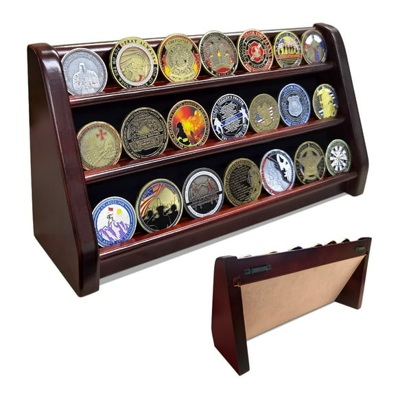 ASmileIndeep 3 Rows Wooden Challenge Coin Wall Display Stand - Military Coin Holder Army Coins Rack, Holds 21-24 Coins, Mahogany