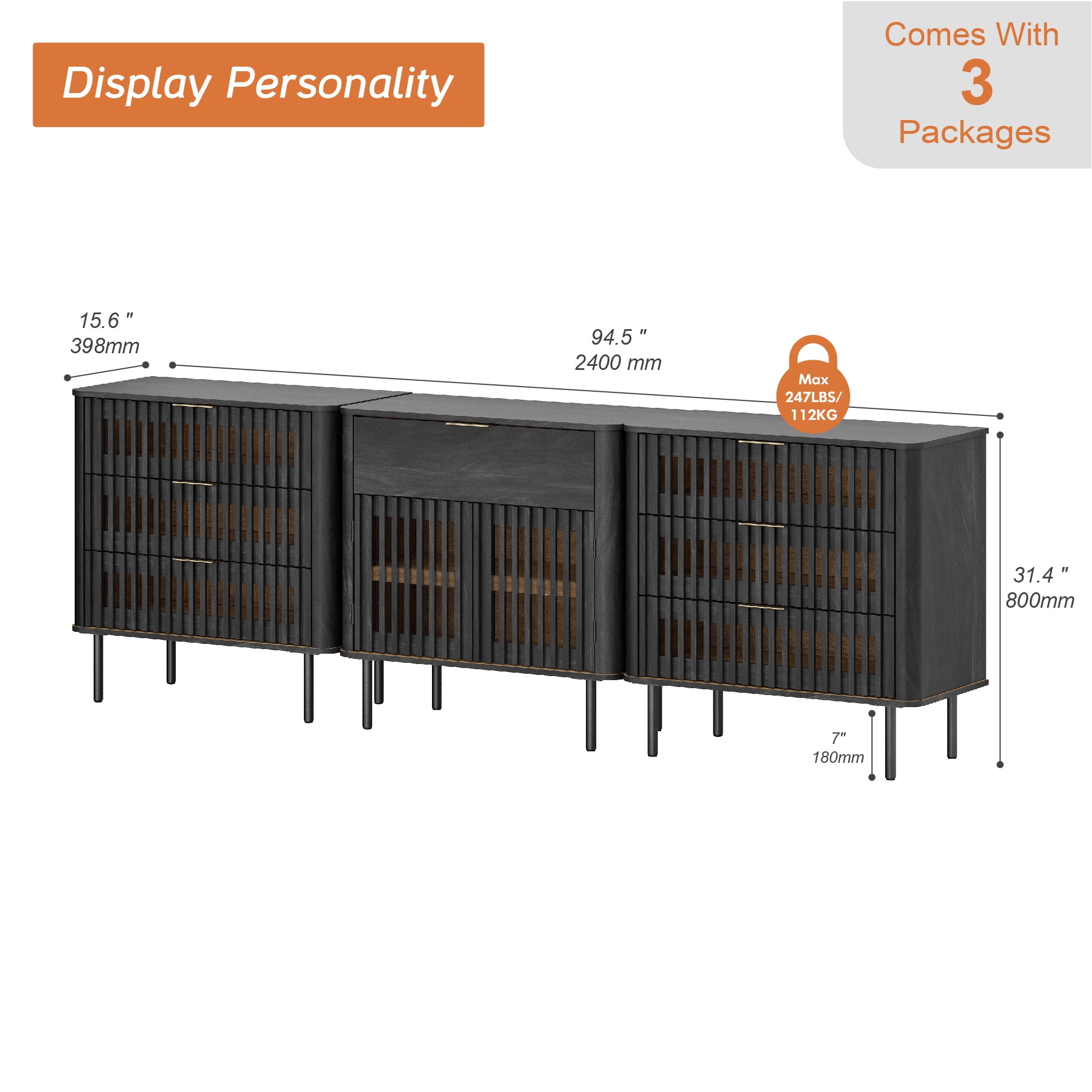 94.5 Inch Large Fluted Buffet Cabinet Sideboard with Storage, Pop-Up Doors & Adjustable Shelf, Wood Modern Accent Coffee Bar Console Table with Drawers for Kitchen, Living Room, Black