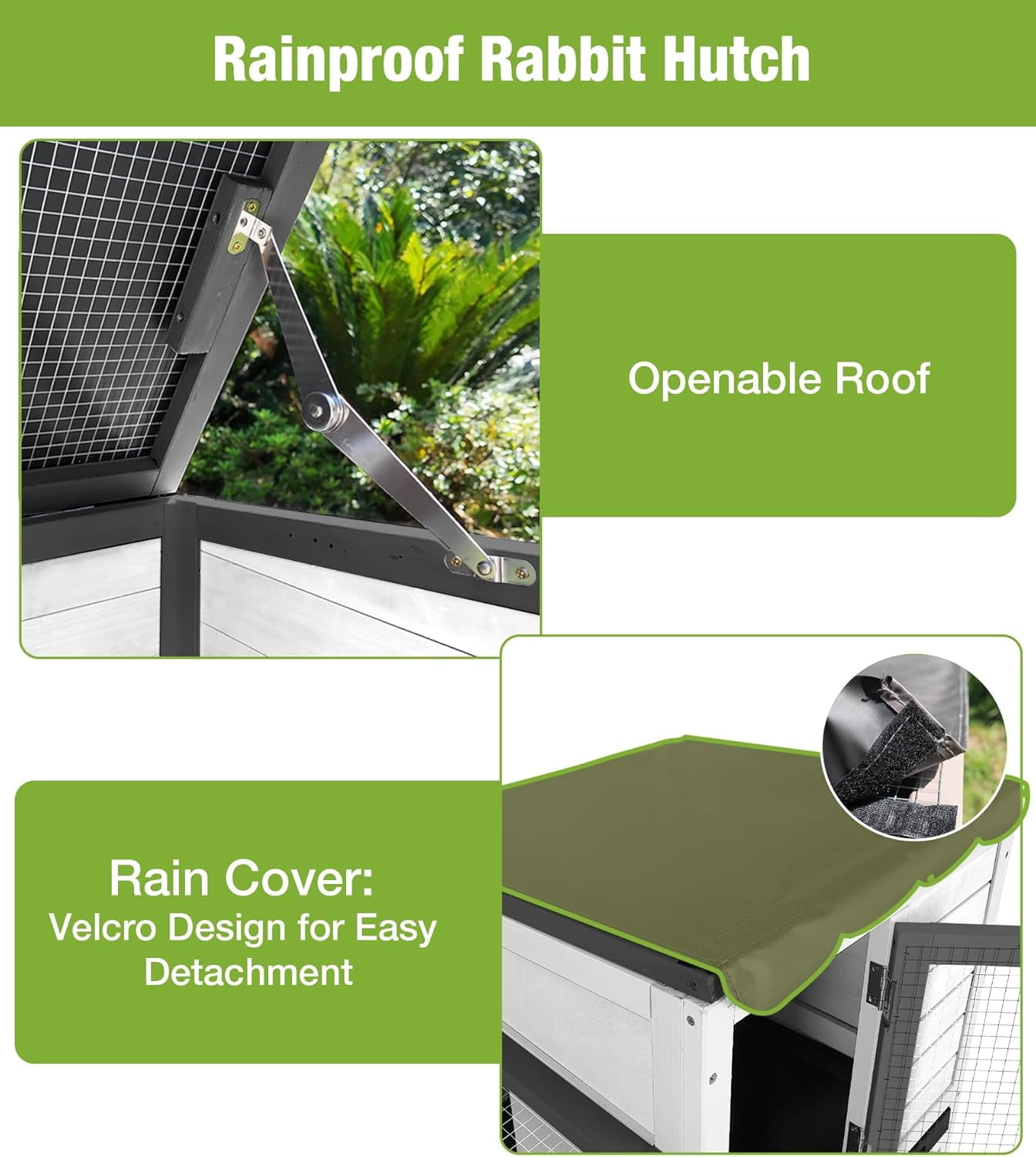 MEDEHOO Duplex Rabbit Hutch Indoor with Chew-Proof Frame & 2 Leak-Proof Sliding Trays, Rain Cover, Wooden Guinea Pig Cages with Wheels - Black and White