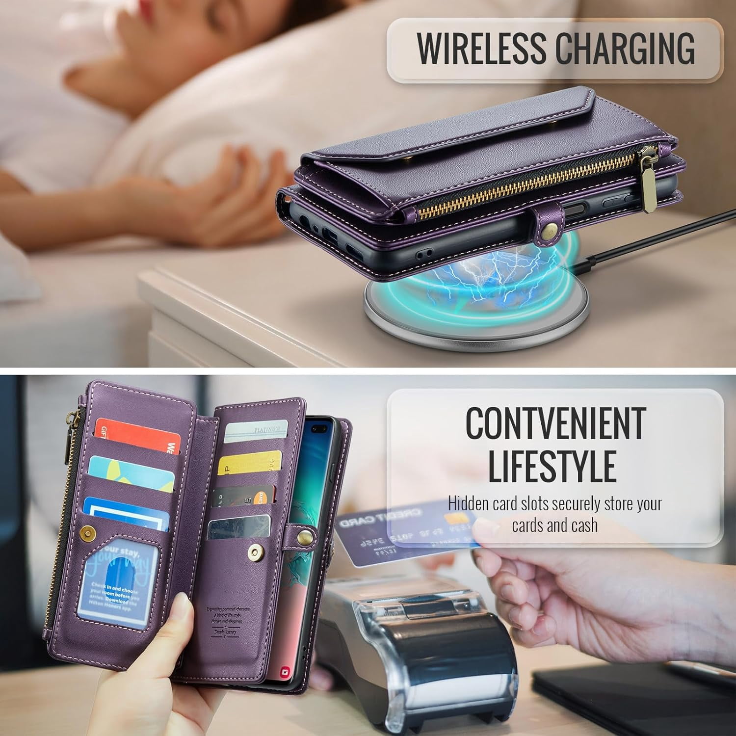 Phone Case for Samsung Galaxy S10 Zipper Wallet Cover with Tempered Glass Screen Protector and Leather Flip RFID Blocking Credit Cash Card Holder Cell S 10 Edge 10S GS10 X10 Women Girls Purple
