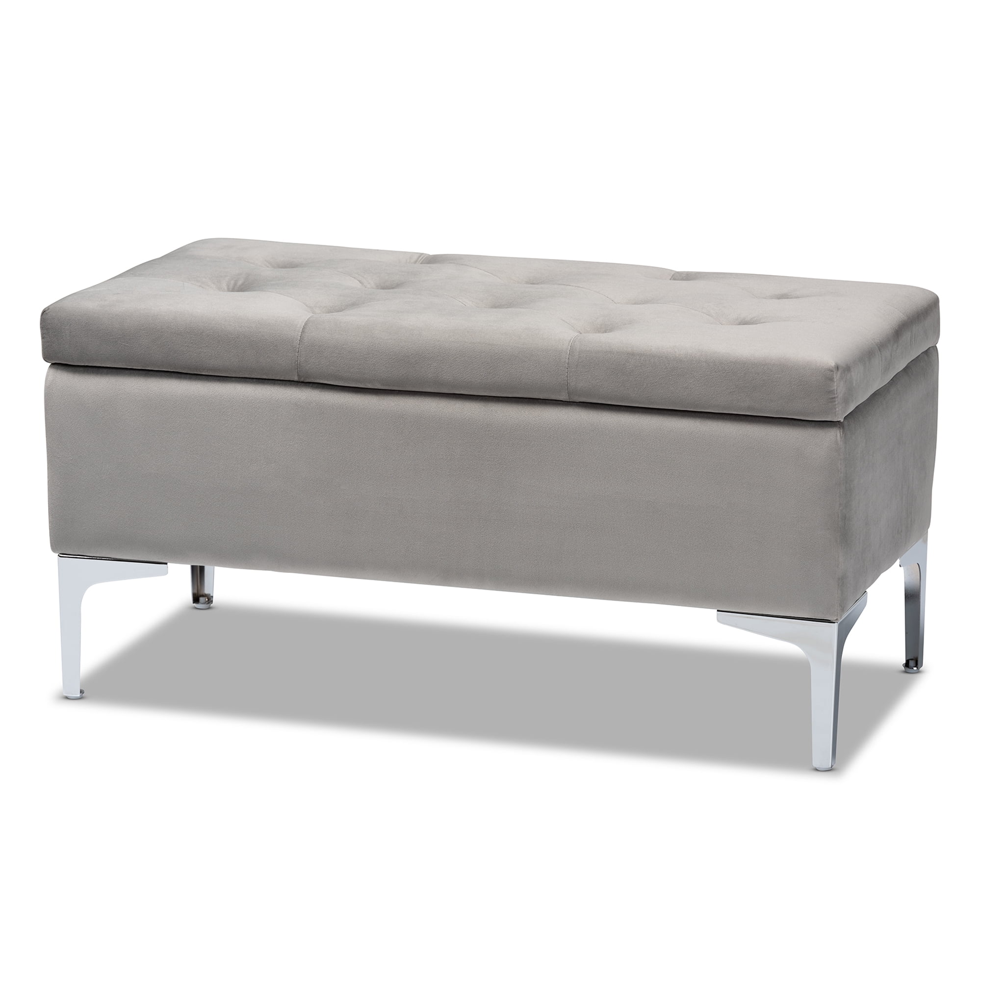 Baxton Studio Mabel Modern and Contemporary Transitional Grey Velvet Fabric Upholstered Silver Finished Storage Ottoman