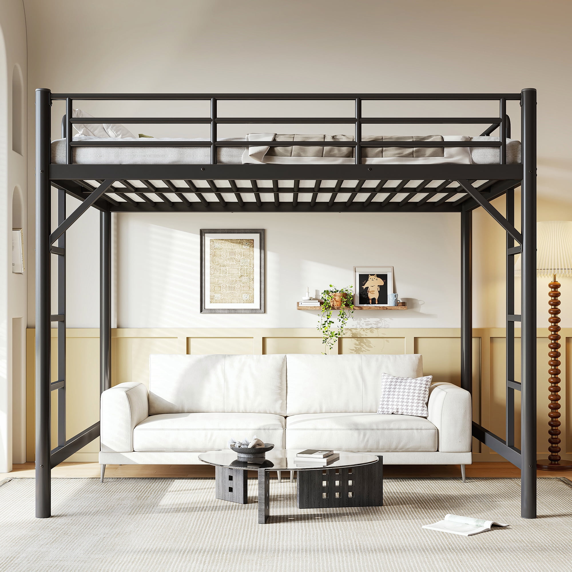 Mintazer Queen Metal Loft Bed Frame with Side Ladders & Guardrails for Teens Adults, No Box Spring Needed, Black
