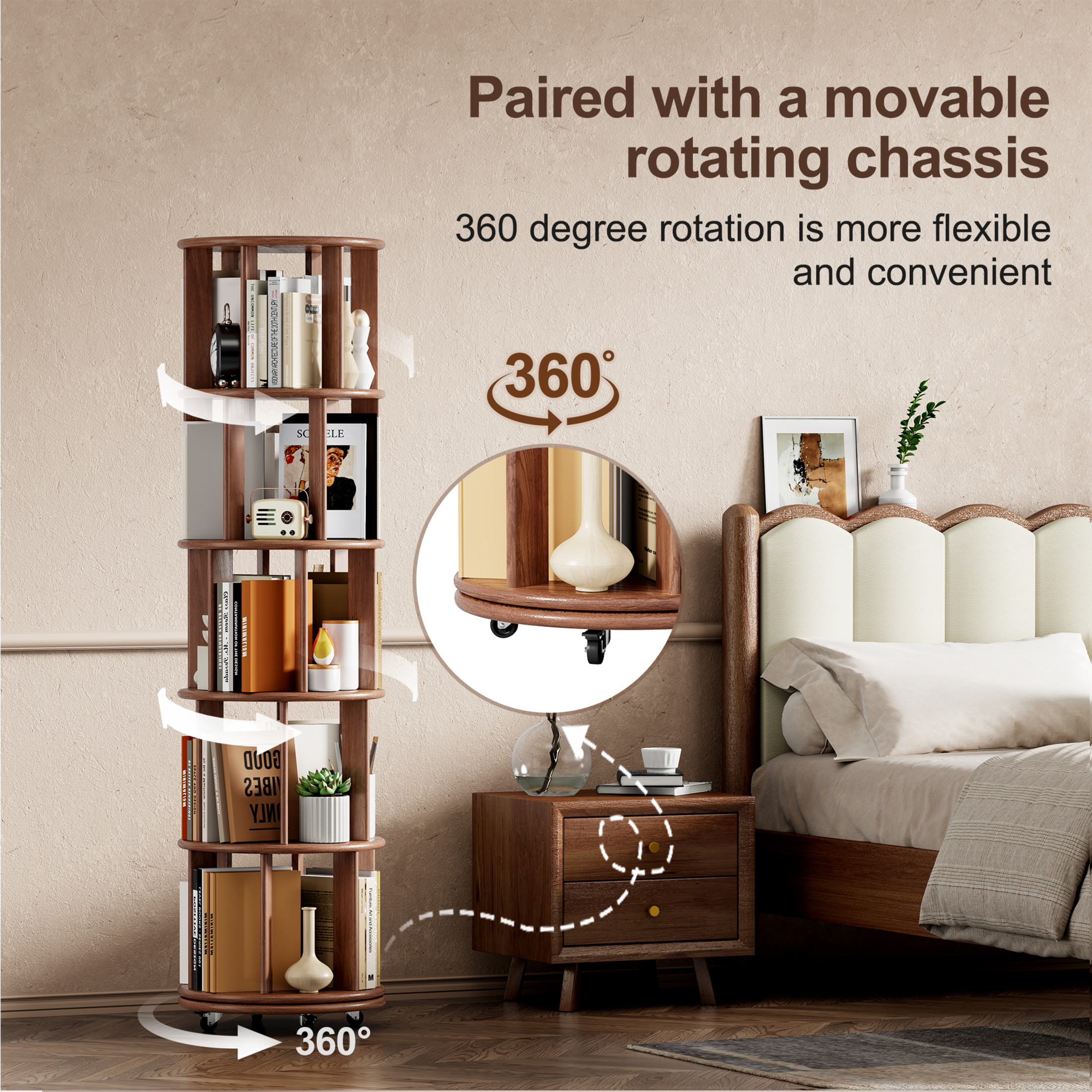 Noble House Saxon 66" 5-Tier Rotating Bookshelf Tower, Solid Rubberwood, 360° Bookcase on Locking Wheels, Walnut