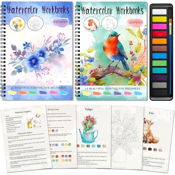 Elfew 2 Pack Watercolor Workbooks for Adults – 12 Animal/Flower Paintings Each, 12-Color Paint Set, Brush, Palette – Step-by-Step Coloring Kit