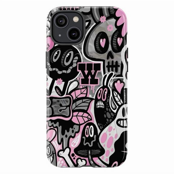 Pink and Black Graffiti Skull Halloween Case, Dual Layer Halloween Protective Phone Cover, Street Art Gothic Gift for iPhone 16 15 14 13 12 11 Pro Plus Mini