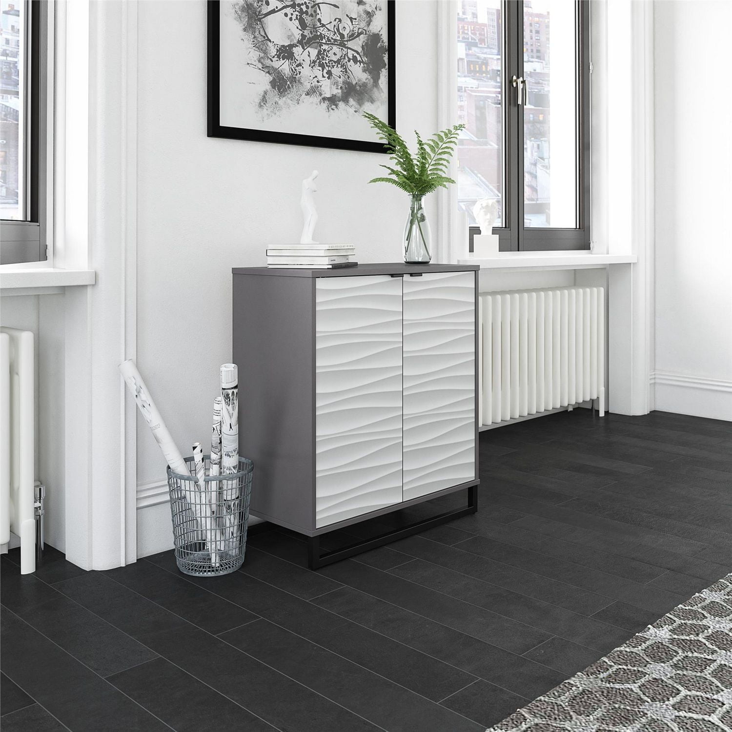 Ameriwood Home Monterey Two-Door Accent Cabinet, Faux Wave Pattern with Graphite