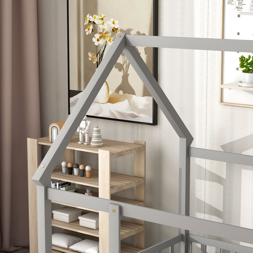 JINS and VICO Kids Girls Boys Full Montessori Pine / Plywood Floor Bed with Roof Design, Gray