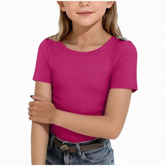 kpoplk Girls Pleated Short Sleeve T Shirts Kids Summer Crewneck Shirts Casual Tops Tees 5-14 Years(Hot Pink,9-10 Y)