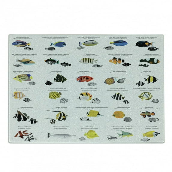 Ocean Cutting Board, Illustration of Different Fish Species Underwater Aquatic Picture, Decorative Tempered Glass Cutting and Serving Board, Small Size, Yellow Blue Black, by Ambesonne