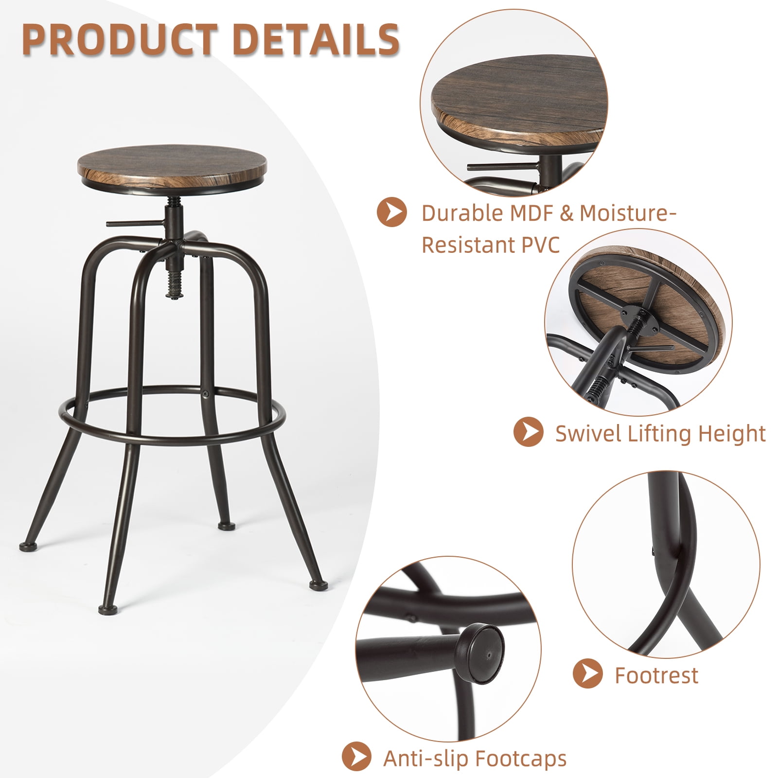 Homy Casa Swivel Bar Stools Set of 4, Adjustable Height Wooden Top Counter Barstools for Bistro Dining Kitchen Island, Walnut