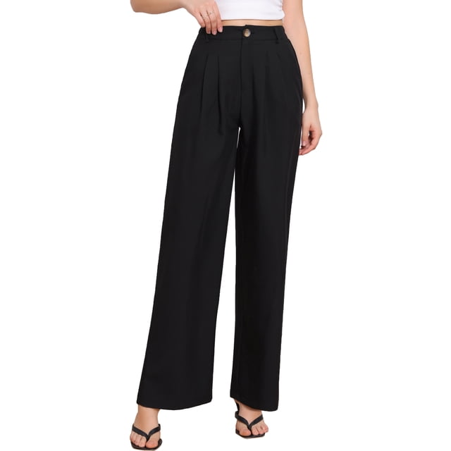 Pantalones de vestir de pierna ancha para mujer, pantalones de oficina de cintura alta elástica, pantalones palazzo L negros
