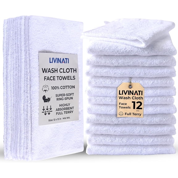 White 100% Cotton Wash Cloths for Showering Body and Face - 12"X12" 12 Pack Washcloths - Small Terry Towel Bath Rags for Adults and Kids Bathroom - Soft Absorbent