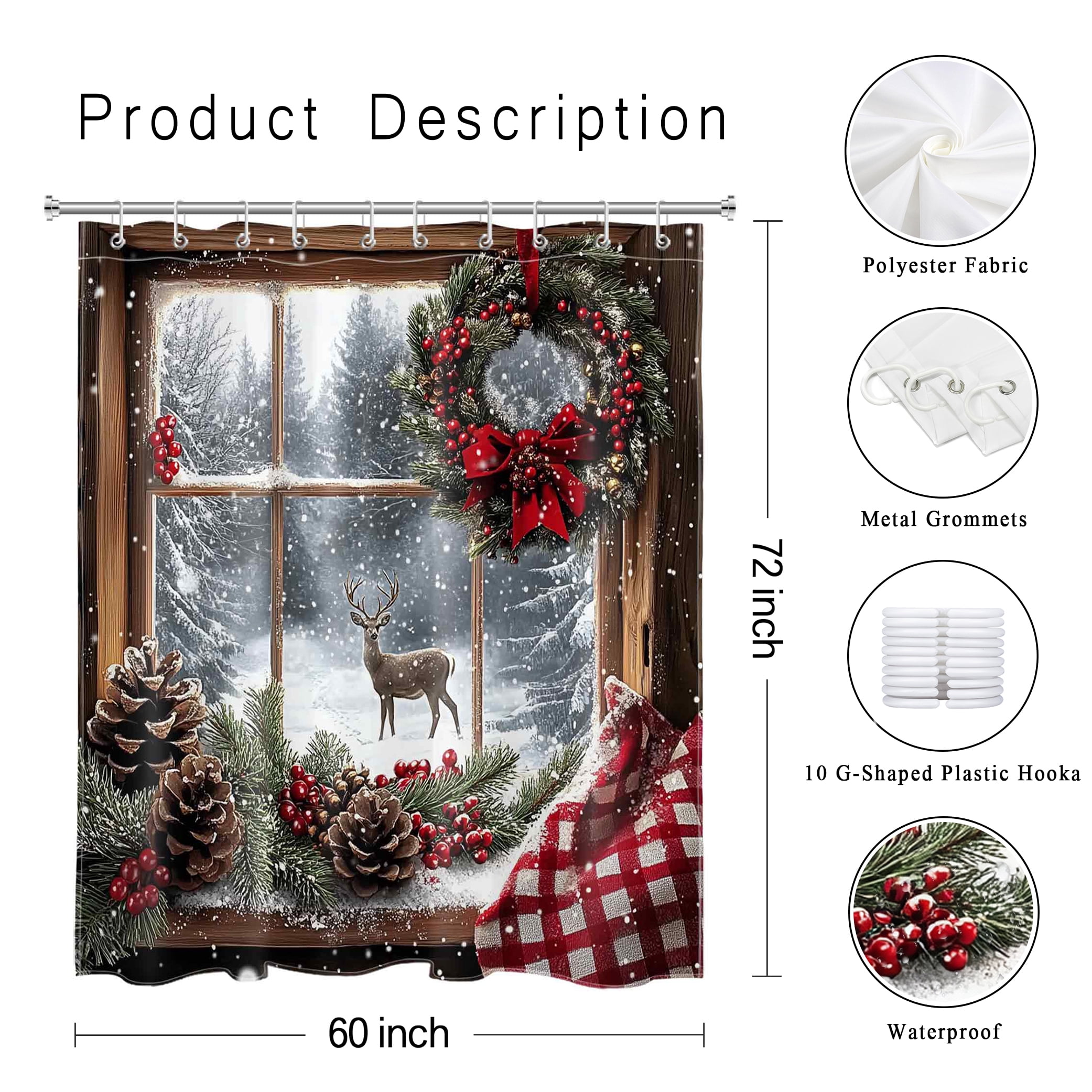 NEONWE Christmas Snowy Shower Curtain Farmhouse Window Wreath Winter Forest Deer Rustic Holiday Bathroom Shower Curtain Home Decor Polyester Waterproof Fabric with 10 Pack Plastic Hook 72" X 60"