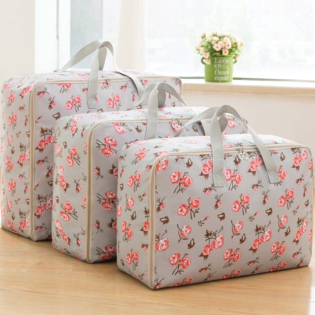 3Pcs/Set Large Capacity Oxford Storage Bag for Quilt Cloth Travel Luggage Container Grey rose M+L+XL