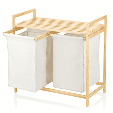 Qunbio Freestanding Bamboo Laundry Basket,  2 Section Laundry Sorter with Shelf and Removable Bags