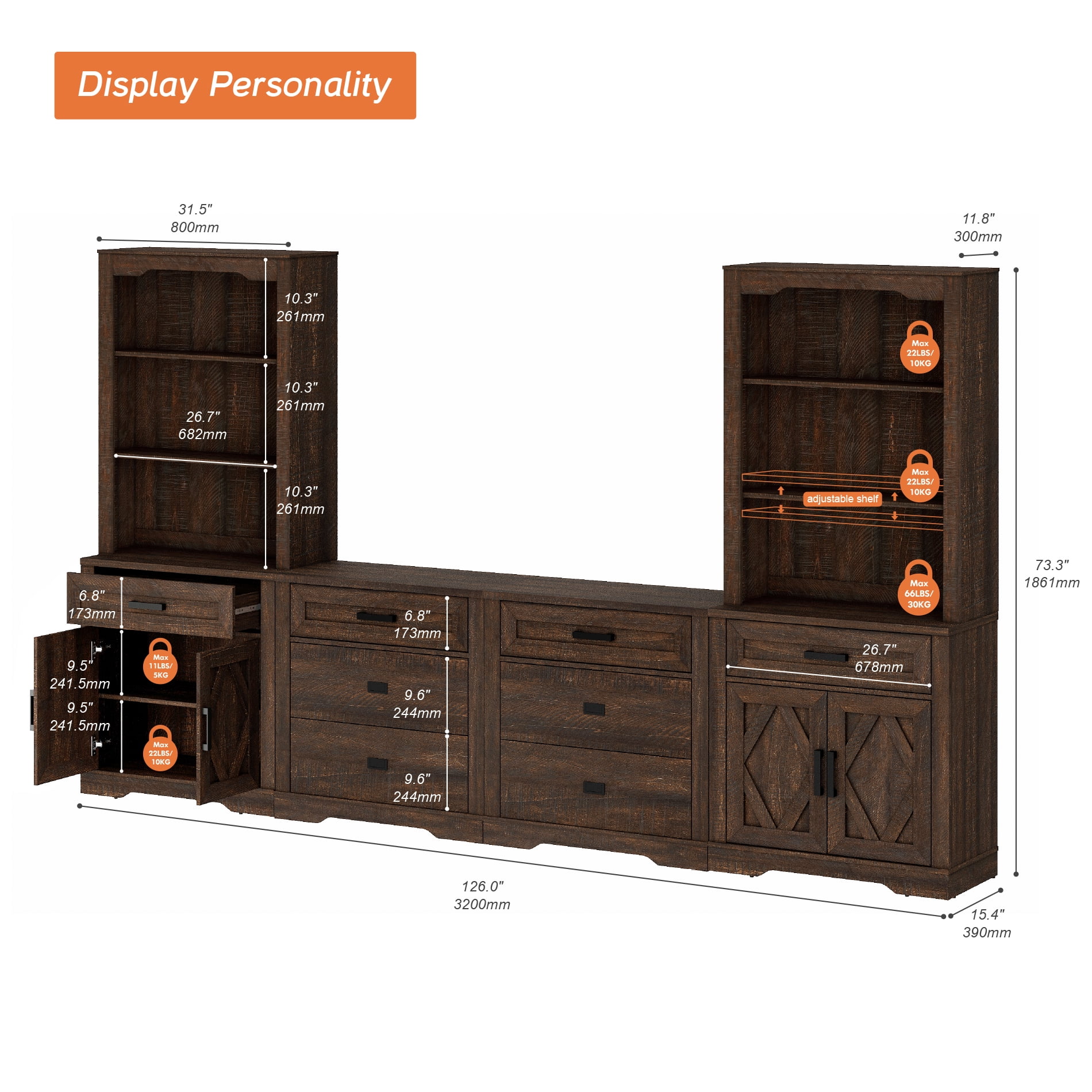 WAMPAT Farmhouse Entertainment Center with Bookshelf for TVs up to 75",Mid Century Modern TV Stand with 73"H Tall 5-Tier Bookcase with Open Storage and Barn Doors for Living Room,Bedroom,Rustic Brown