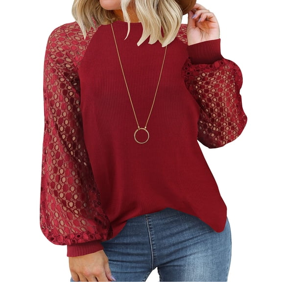 TIYOMI Plus Size Women's Lace Sleeve Shirts 2X Puff Crewneck Tops Lace Splice Blouse Wine Red Pullover Warm Fall Winter Blouses 2XL 18W 20W