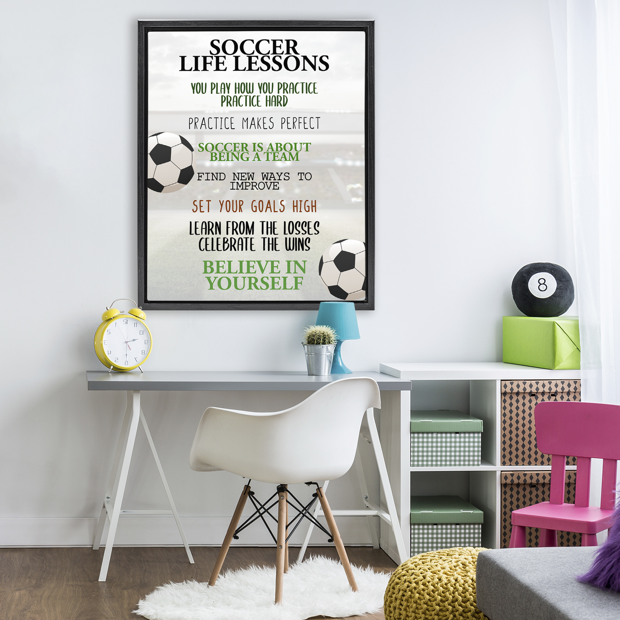 Soccer Life Lessons Black Framed Floater Canvas Wall Art, design by Kim Allen