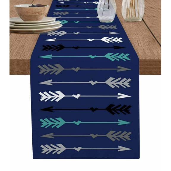 Table Runner Dresser Scarves 60 Inch Long,Abstract Black White Gray Teal Arrow Linen Dining Table Runners Minimalist Stripe on Navy Blue Tabletop Scarf for Wedding Holiday Party Kitchen