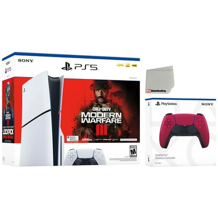 Sony PlayStation 5 Slim Disc Console with w/ Call of Duty Modern Warfare III Game Download Voucher, 2 Red Controllers, Red