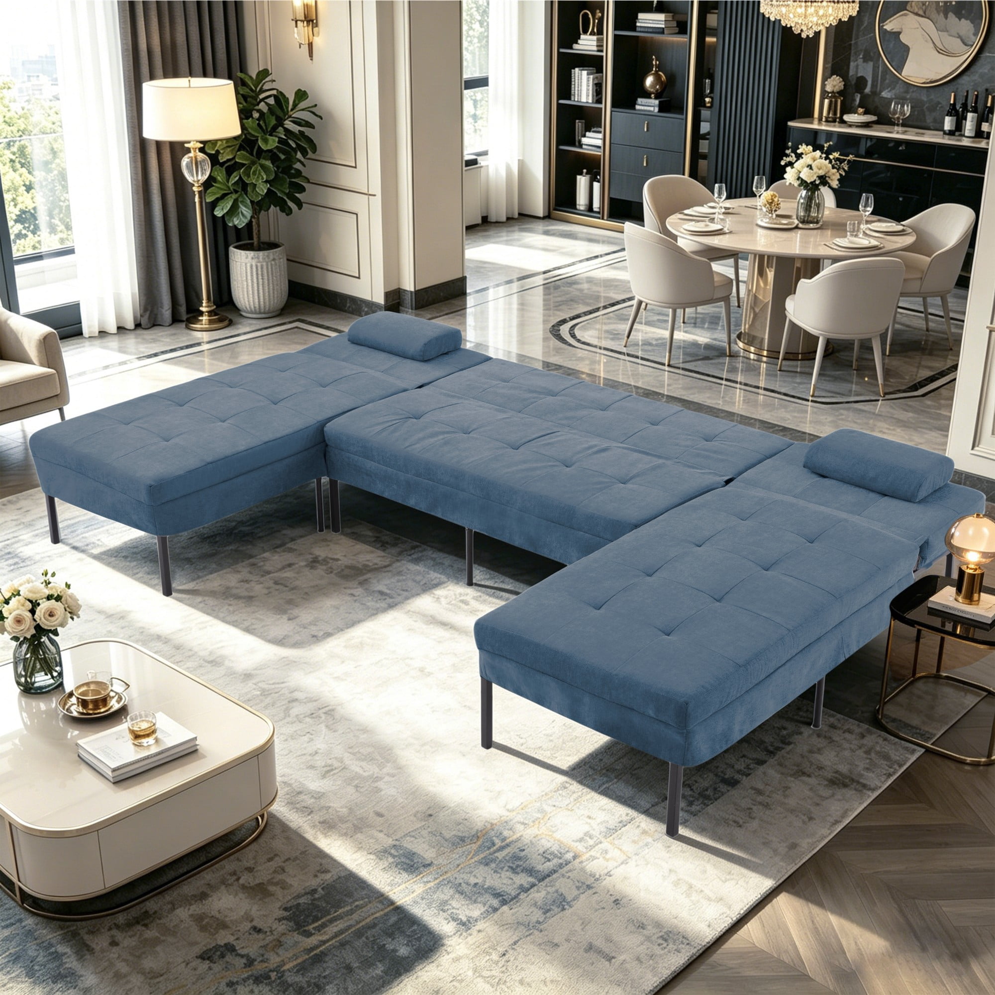 Gewnee 107.09"U-Shape Sectional Sofa,Chenille Couch,4 Seats Lounge Sleeper with Double Chaise for Living Room,Dark Blue