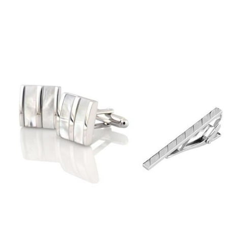 Zodaca Men's Silver White Jade Camber Cufflinks + Silver Angled Stripes Faceted Tie Clip (2-in-1 Accessory Bundle)