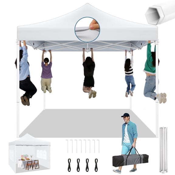 SANOPY 10' x 10' Heavy Duty Pop up Canopy Tent with 4 Sidewalls, Commercial Instant Waterproof Canopy Tent, UV 50  with Silver Coated, Upgraded Thickened Hexagonal Legs, White