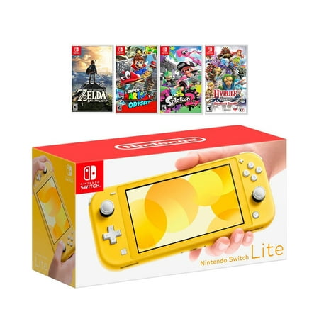 New Nintendo Switch Lite Yellow Console Bundle with 4 Games: The Legend of Zelda: Breath of the Wild, Super Mario Odyssey, Splatoon 2, and Hyrule Warriors: Definitive Edition!