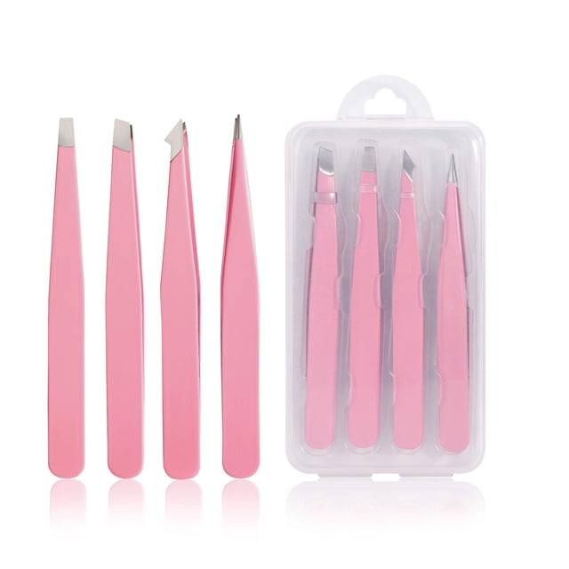 Tirdkid Juego de Pinzas de Pinzas Profesionales de Acero Inoxidable de 4 Piezas Pinzas de Precisión para Cejas Vello Facial Astilla de Pelo Encarnado Removedor de Puntos Negros y Garrapatas (ROSA)