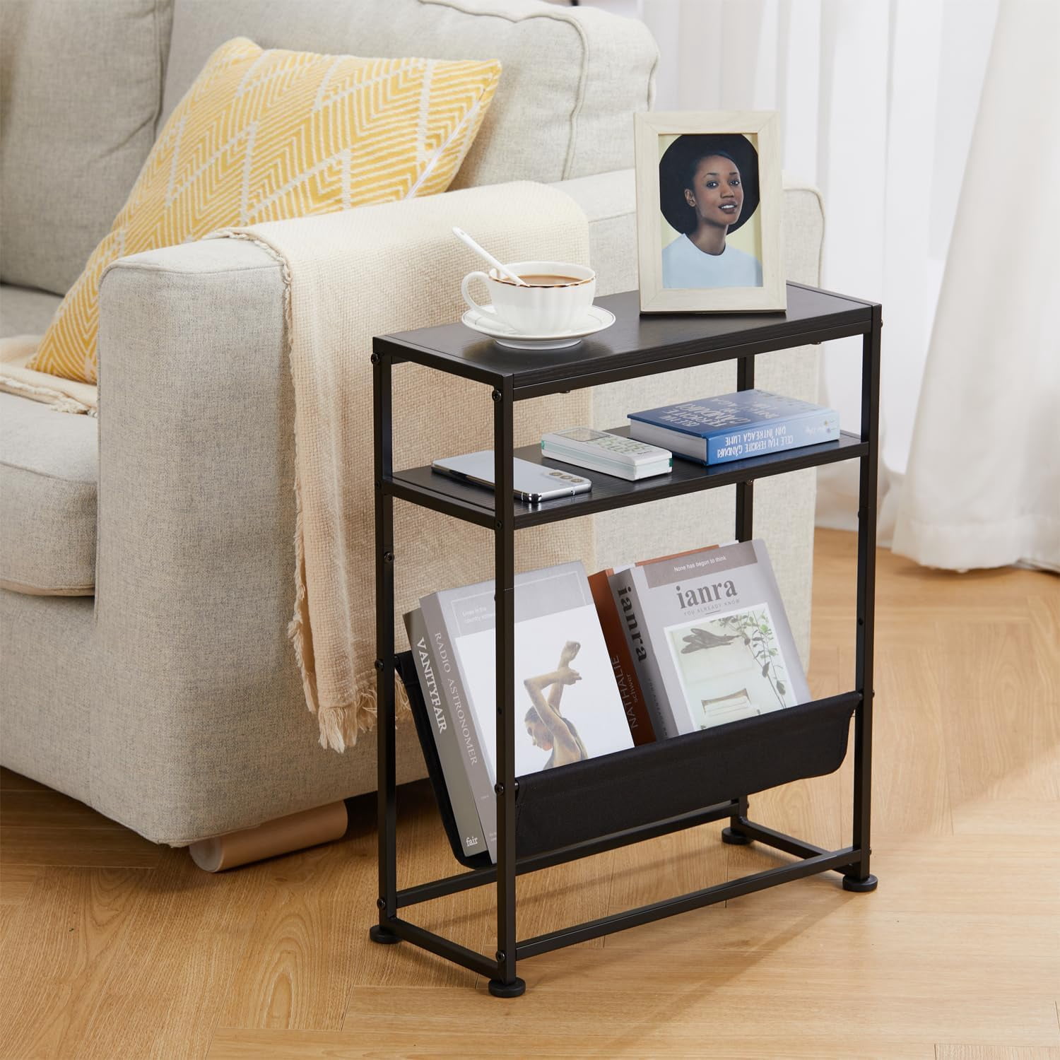 ZEXVIDA Narrow End Table for Small Spaces - Slim Side Table with Magazine Holder,2 in 1 Design Narrow End Table Living Room,Skinny Bedroom Nightstand Thin Side Magazine Table,Black