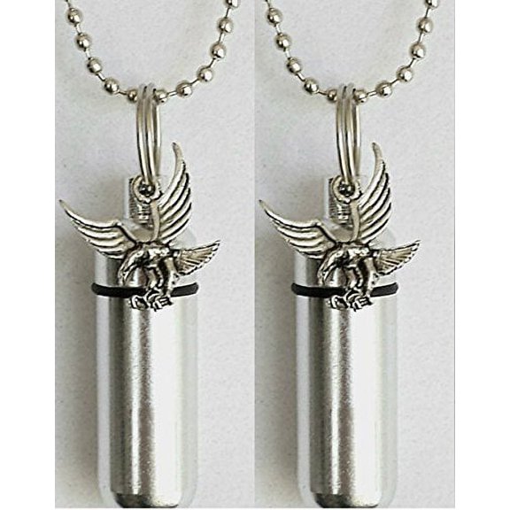 Set of TWO Silver AMERICAN EAGLE CREMATION URN Keychains with ENGRAVED US FLAGS - Includes Velvet Pouches, Ball-Chains & Fill Kit