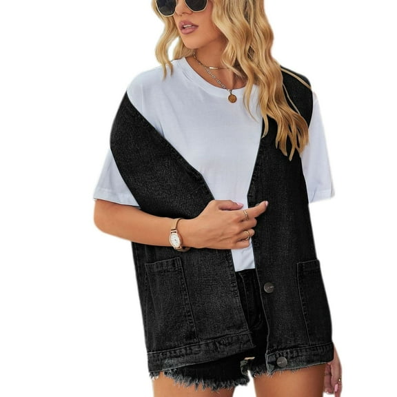 SWSMCLT Women's V Neck Jean Jacket Soft Sleeveless Pockets Denim Vest Jackets Tank Top Loose Fit Oversized Spring Fall Top Casual Fashion Black Small