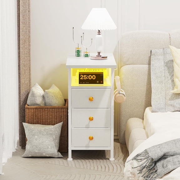Narrow Dresser with Charging Station, Slim Nightstand with LED Light and 3 Fabric Drawers for Bedroom