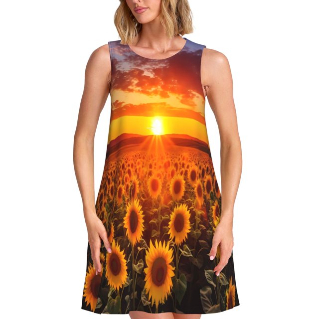 Fotbe Sunset Golden Sunflower Field Vestido de Verano sin Mangas para Mujer – Vestido Midi Línea A, Estilo Camiseta Floral, Vestido Playero Casual y Fluido