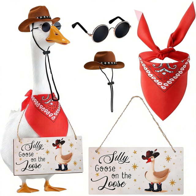 Yhmxh 4 piezas de atuendos de vaquero occidental para porche con forma de ganso, letrero colgante "Silly Goose on The Loose", sombrero de vaquero, pañuelo y gafas para estatua de 17 o 23 pulgadas,