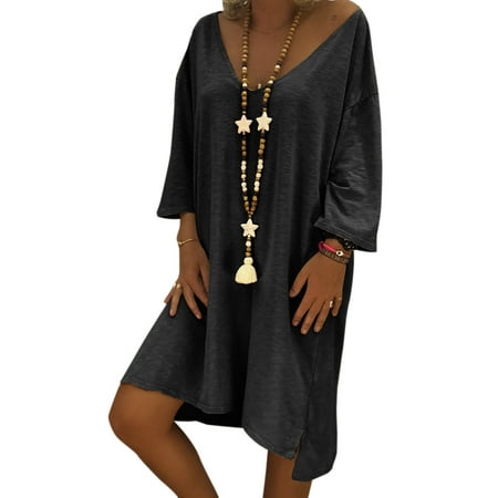 - Womens Vintage Long Sleeve V-neck Dress Ladies Baggy Kaftan Casual Losse Sun Dress