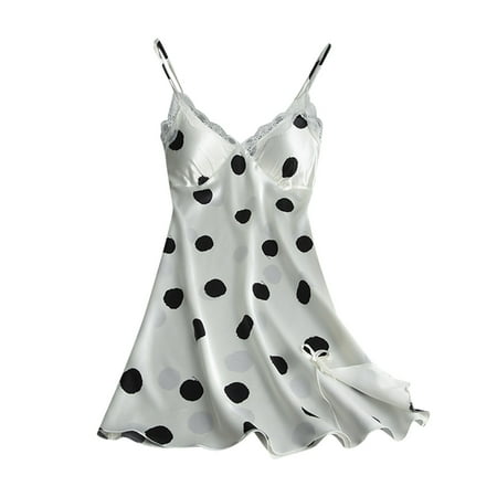 Womens Lingerie Polka Print Dress Nightgown Satin Slip Sleepwear Negligee Chemise Pajamas Going Out