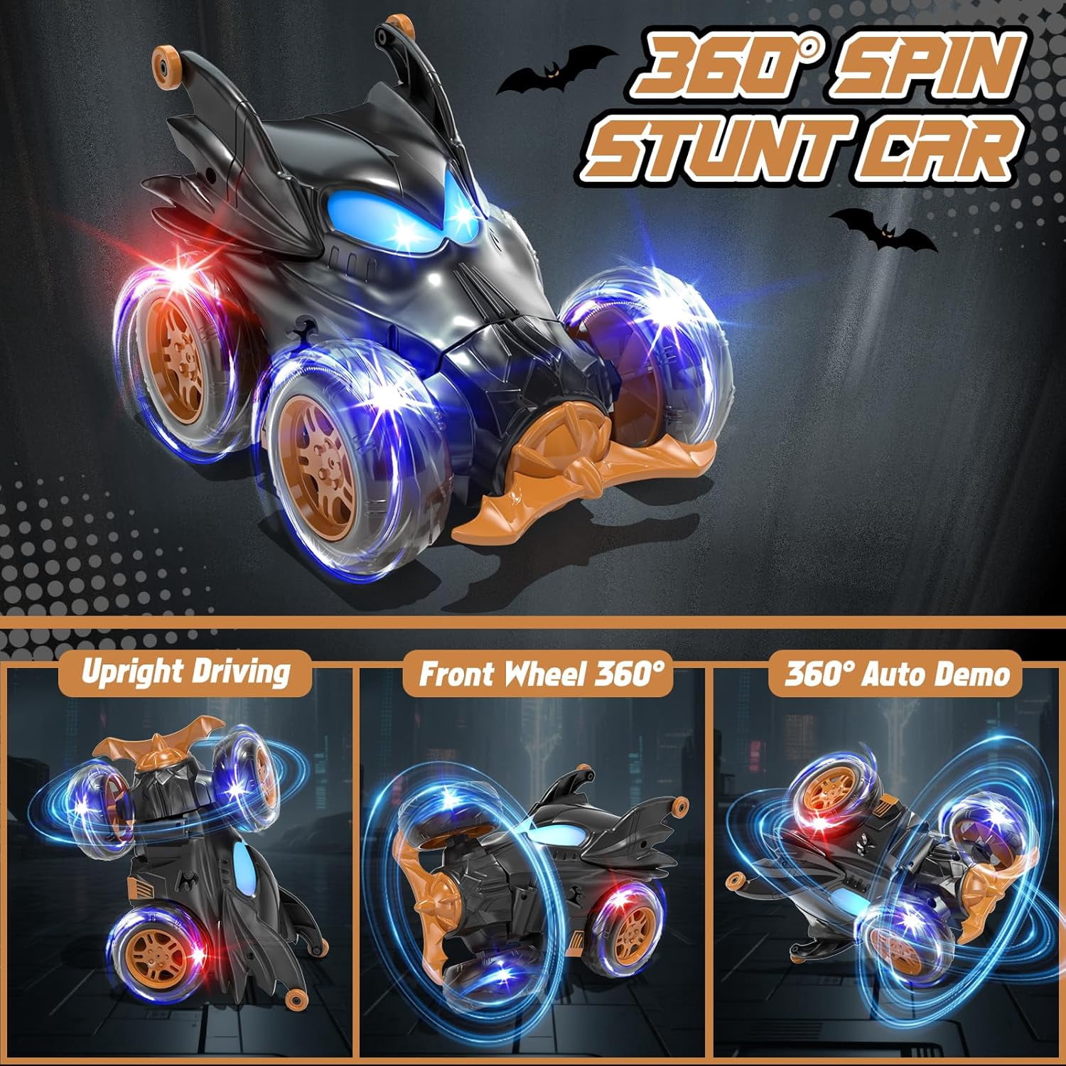 Bat Remote Control Cars for Boys 4-7, 2.4Ghz Rechargeable RC Stunt Car with Cool Lights Toys Gift for Boys Age 4 5 6 7 8 Year Old Outdoor Toys