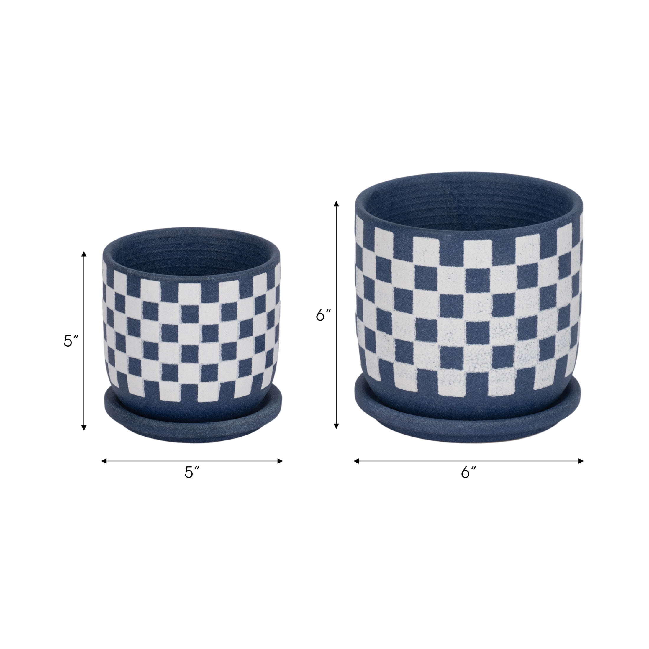 Round Checker Pattern Saucer Planters for Garden Decor - Ceramic Planter for Home and Living Room Decor - Sleek Flower Pots for Indoor and Outdoor Plants - Set of 2, 6", 5", Blue & White