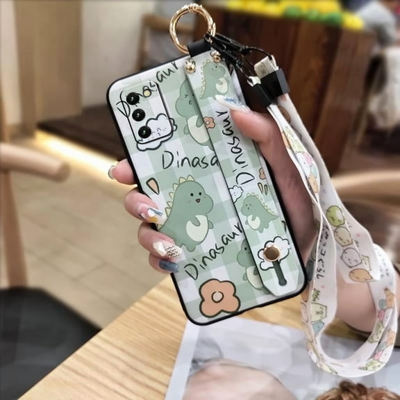 KDY-Phone Case For Samsung Galaxy A03S Asian Version/SM-A037F, Dirt-resistant Anti-dust Ring Back Cover Fashion Design Cartoon Wristband Waterproof Kickstand Lanyard Phone Holder Cute
